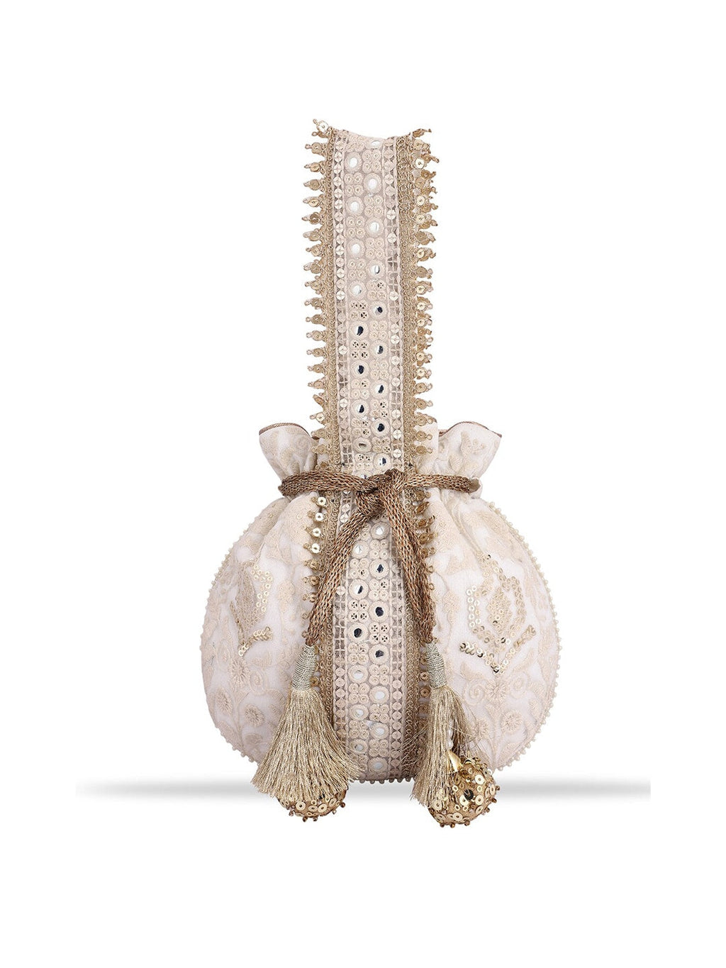 Masq Off White & Gold-Toned Embellished Embroidered Potli Clutch | Grab2Buy