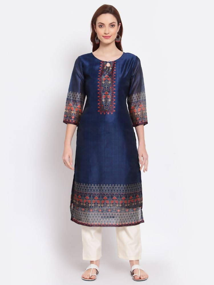 Myshka Women's Navy Blue Printed Chanderi Silk 3/4 Sleeve Round Neck Casual Kurta | Grab2Buy