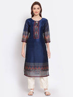Myshka Women's Navy Blue Printed Chanderi Silk 3/4 Sleeve Round Neck Casual Kurta | Grab2Buy