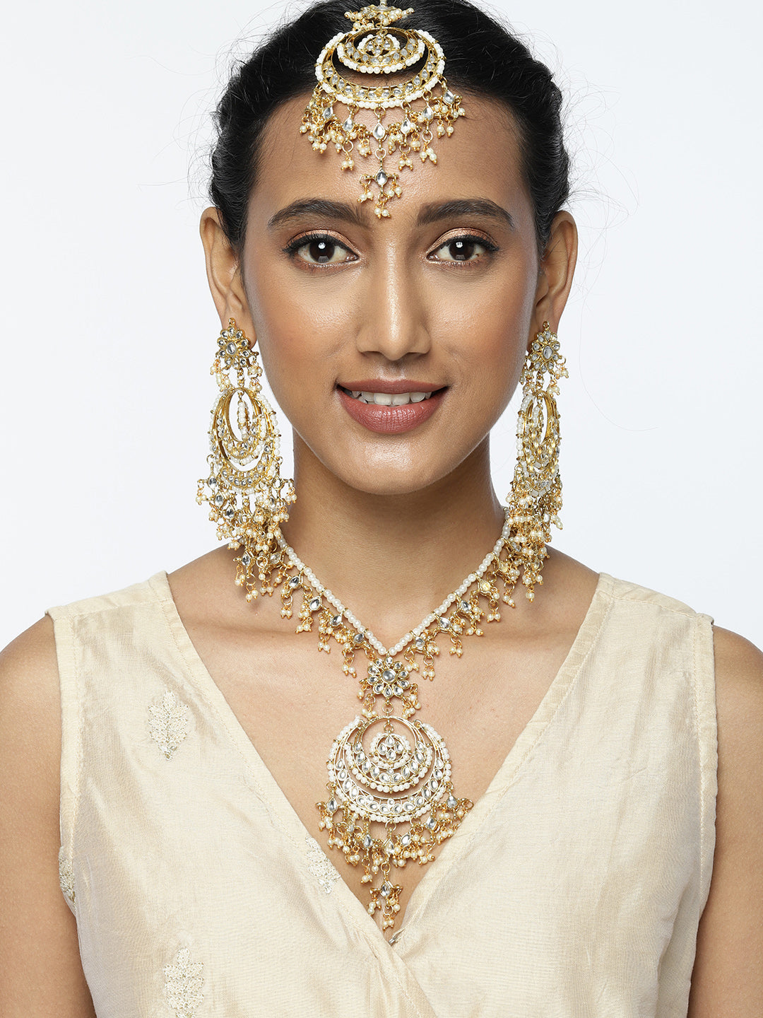 Zaveri Pearls Gold-Toned Kundan & Pearls Studded Rani Haar Jewellery Set | Grab2Buy