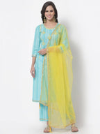Myshka Women's Cotton Printed 3/4 Sleeve Round Neck Casual Kurta Pant Dupatta Set | Grab2Buy