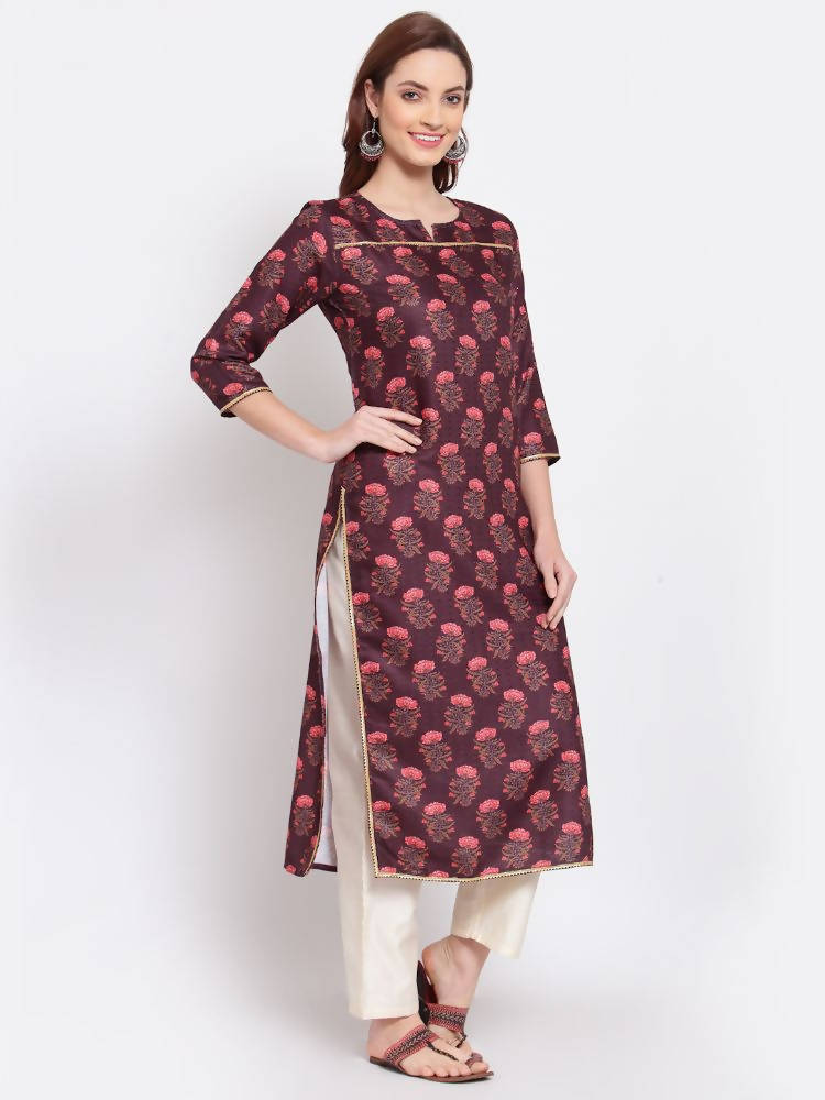 Myshka Women's Wine Printed Pashmeena 3/4 Sleeve Round Neck Casual Winter Kurta | Grab2Buy
