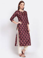 Myshka Women's Wine Printed Pashmeena 3/4 Sleeve Round Neck Casual Winter Kurta | Grab2Buy