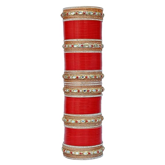 Tehzeeb Creations Bridal Bangle Set Red Golden & White Stone Chura Designer Fashion Choora Punjabi Chuda Set | Grab2Buy