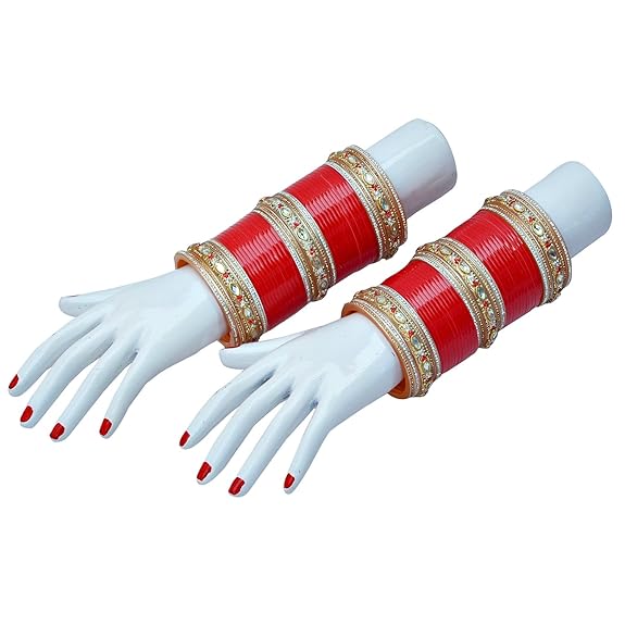 Tehzeeb Creations Bridal Bangle Set Red Golden & White Stone Chura Designer Fashion Choora Punjabi Chuda Set | Grab2Buy