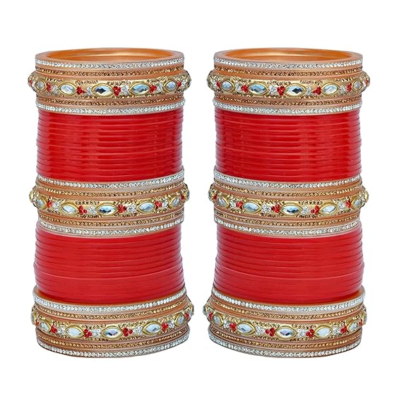 Tehzeeb Creations Bridal Bangle Set Red Golden & White Stone Chura Designer Fashion Choora Punjabi Chuda Set | Grab2Buy