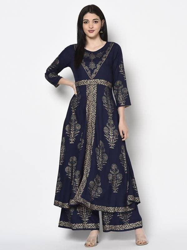 Aniyah Rayon Navy Blue Color Gold Print Flared Slip-On Palazzo (AN-193K) | Grab2Buy