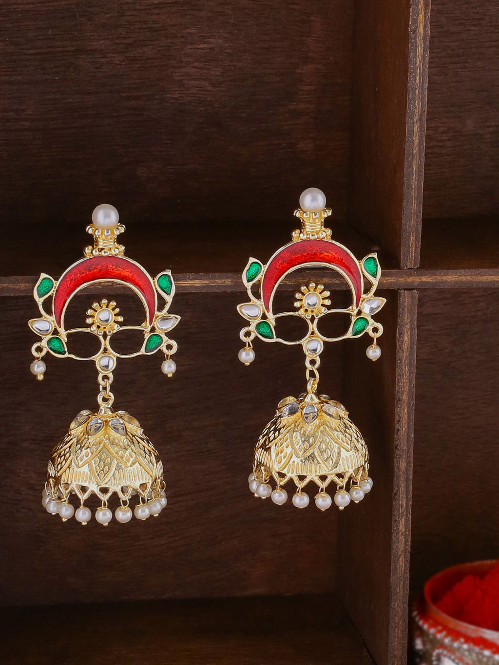 Shoshaa Gold-Polished & Red Enamelled Classic Jhumkas | Grab2Buy