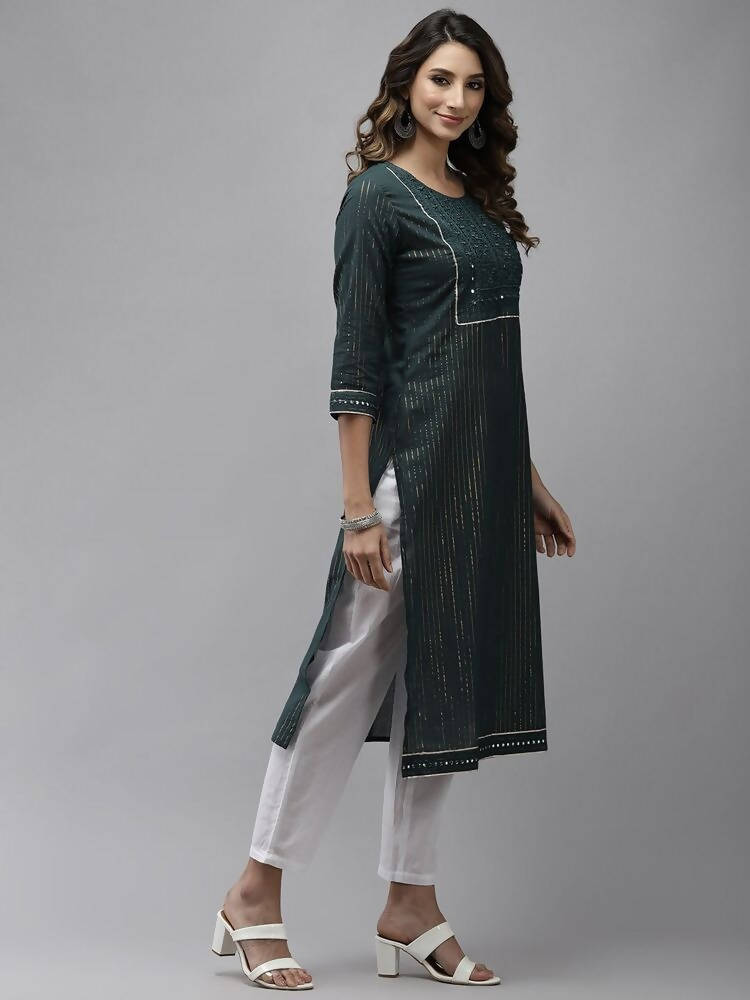 Yufta Women Green Yoke Design Mirror Work Cotton Kurta | Grab2Buy