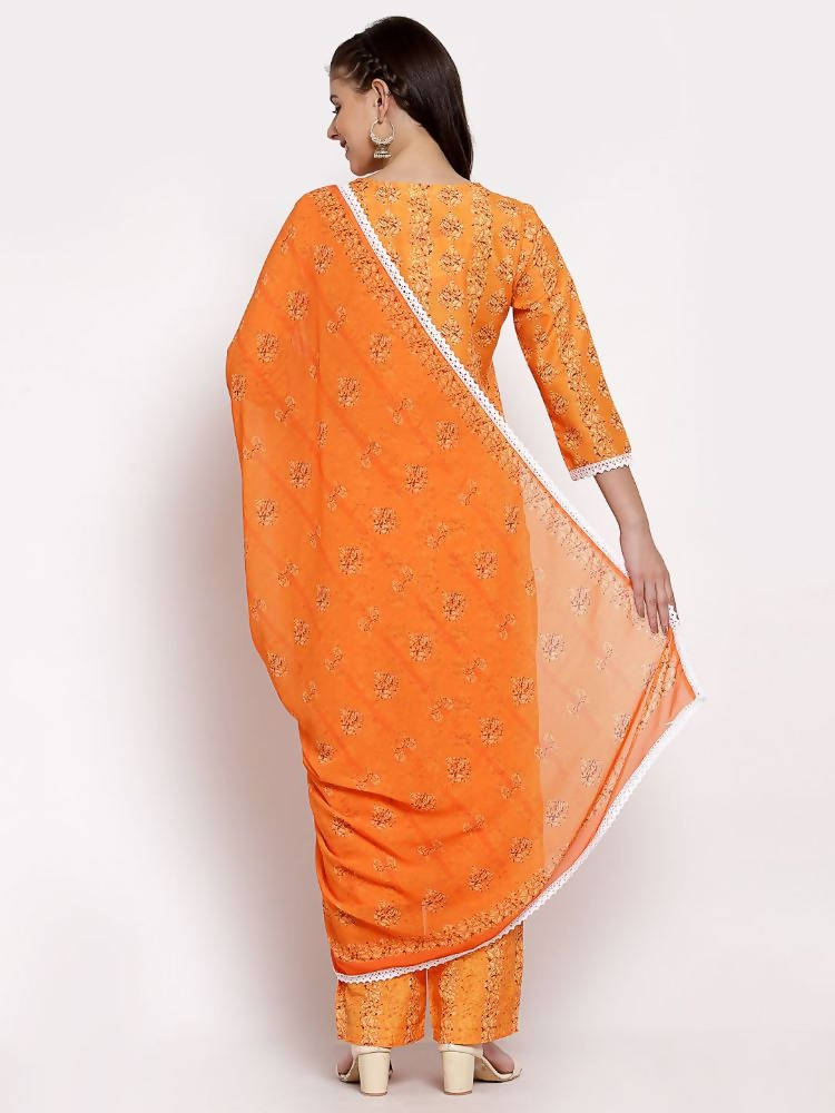 Myshka Women's Orange Cotton Printed 3/4 Sleeve Round Neck Casual Kurta Pant Dupatta Set | Grab2Buy