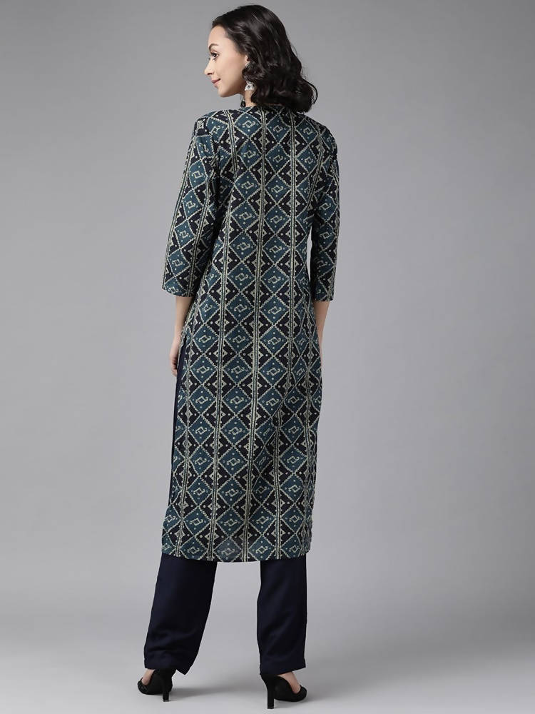 Yufta Teal Blue & Black Printed Pure Cotton Kurta with Palazzo | Grab2Buy