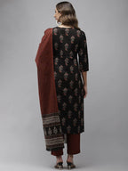 Yufta Women Black & Rust Brown Ethnic Motifs Printed Kantha Work Pure Cotton Kurta Set | Grab2Buy