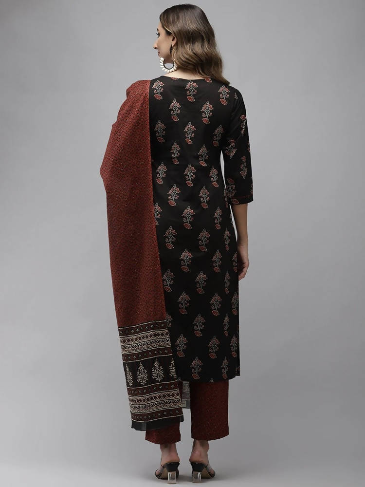 Yufta Women Black & Rust Brown Ethnic Motifs Printed Kantha Work Pure Cotton Kurta Set | Grab2Buy