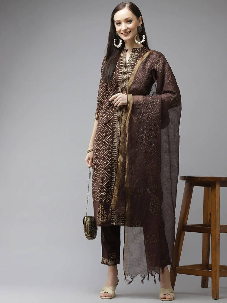 Yufta Women Brown Printed Panelled Beads and Stones Pure Cotton Kurta with Trouser & With Dupatta | Grab2Buy