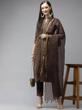 Yufta Women Brown Printed Panelled Beads and Stones Pure Cotton Kurta with Trouser & With Dupatta | Grab2Buy