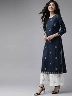 Yufta Women Navy Blue & White Embroidered Kurta with Palazzo & Dupatta | Grab2Buy