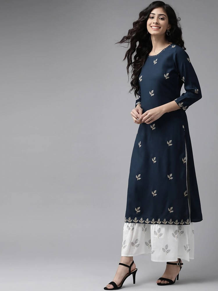 Yufta Women Navy Blue & White Embroidered Kurta with Palazzo & Dupatta | Grab2Buy