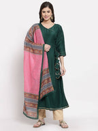 Myshka Women's Green Cotton Solid 3/4 Sleeve V Neck Casual Kurta Dupatta Set | Grab2Buy