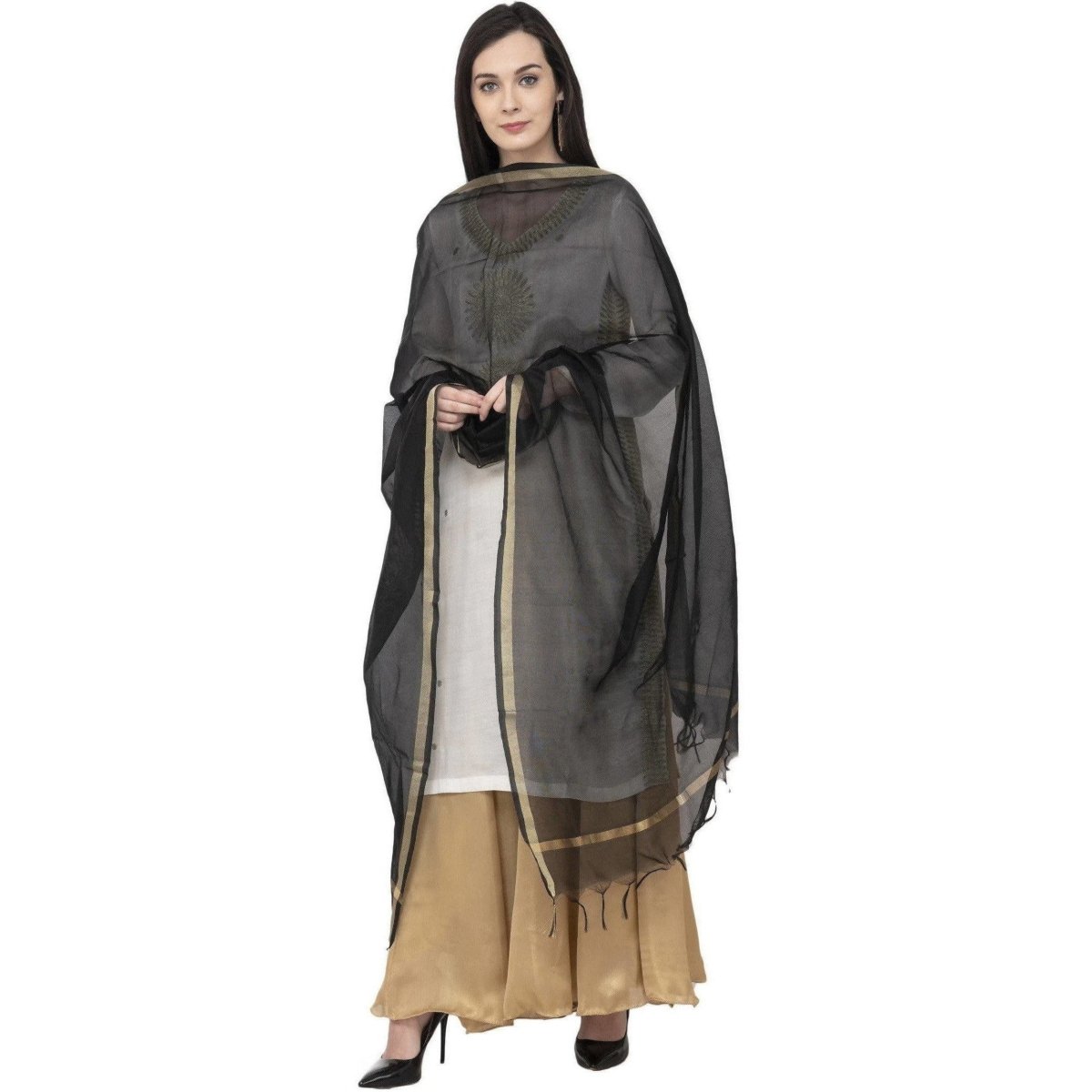 A R Silk Chanderi Piping Regular Dupatta Black Color Dupatta or Chunni | Grab2Buy
