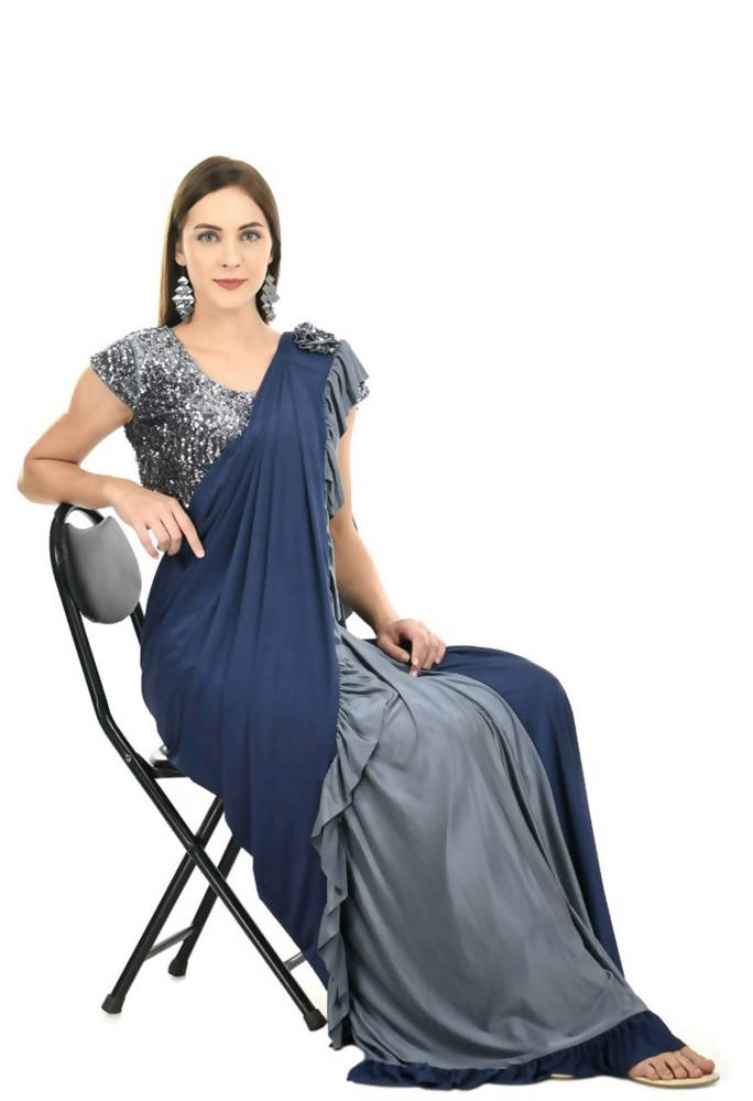Mominos Fashion All Season Wear Gray And Blue Ruffled Ready To Wear Saree | Grab2Buy
