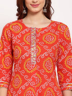 Myshka Women's Orange Printed Cotton 3/4 Sleeve Round Neck Casual Kurta Pant Dupatta Set | Grab2Buy