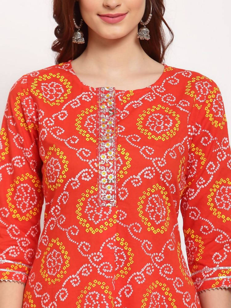 Myshka Women's Orange Printed Cotton 3/4 Sleeve Round Neck Casual Kurta Pant Dupatta Set | Grab2Buy