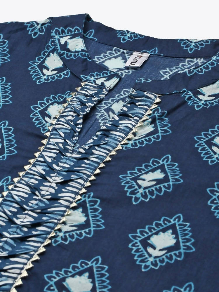 Yufta Women Blue & White Printed Pure Cotton Kurta with Trouser & Dupatta | Grab2Buy