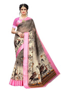Vamika Pink Linen Digital Print with Satin Border Saree | Grab2Buy