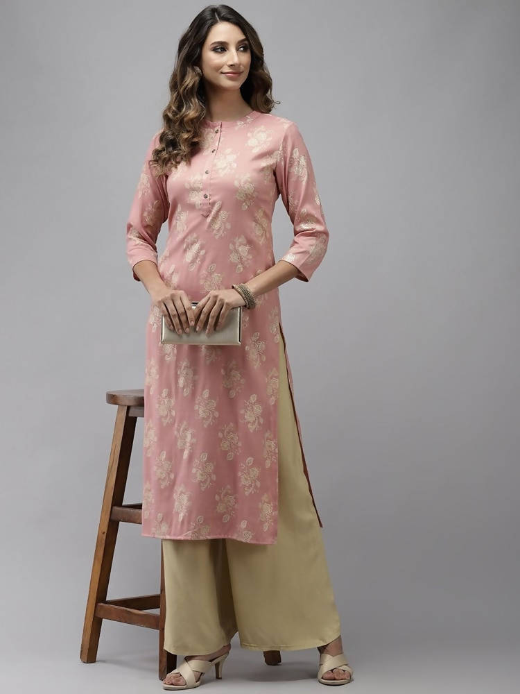 Yufta Women Pink Floral Printed Pastels Cotton Kurta | Grab2Buy