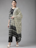 Yufta Black & Off-White Ethnic Screen Print Cotton Straight Kurta Palazzo & Dupatta | Grab2Buy