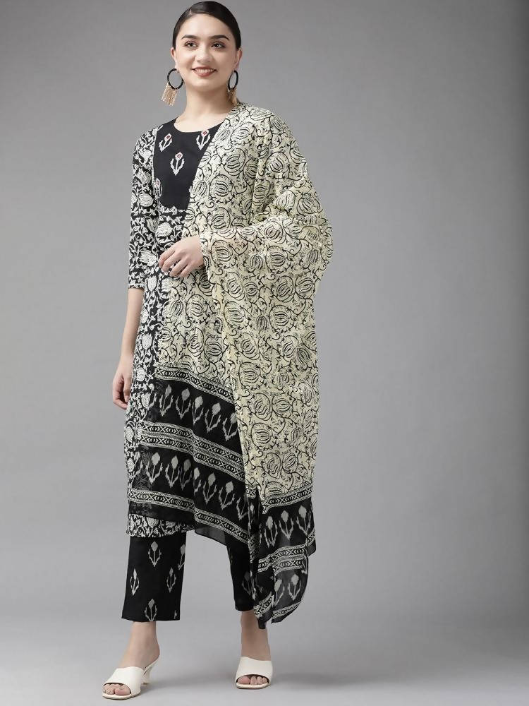 Yufta Black & Off-White Ethnic Screen Print Cotton Straight Kurta Palazzo & Dupatta | Grab2Buy
