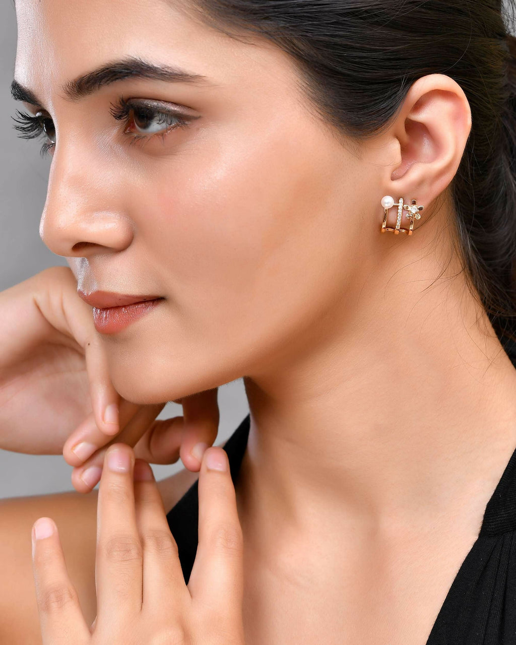 VOJ Gold-Polished Crystal Studded Stud Earrings | Grab2Buy