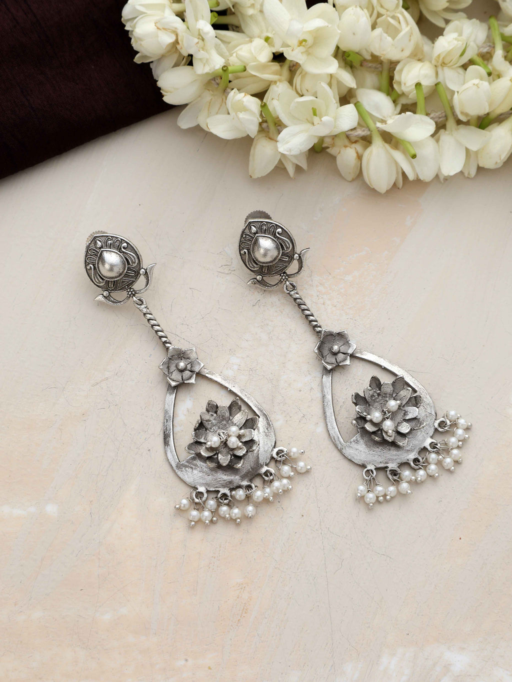 trueBrowns Silver Tone Floral Chandbaali Earrings | Grab2Buy