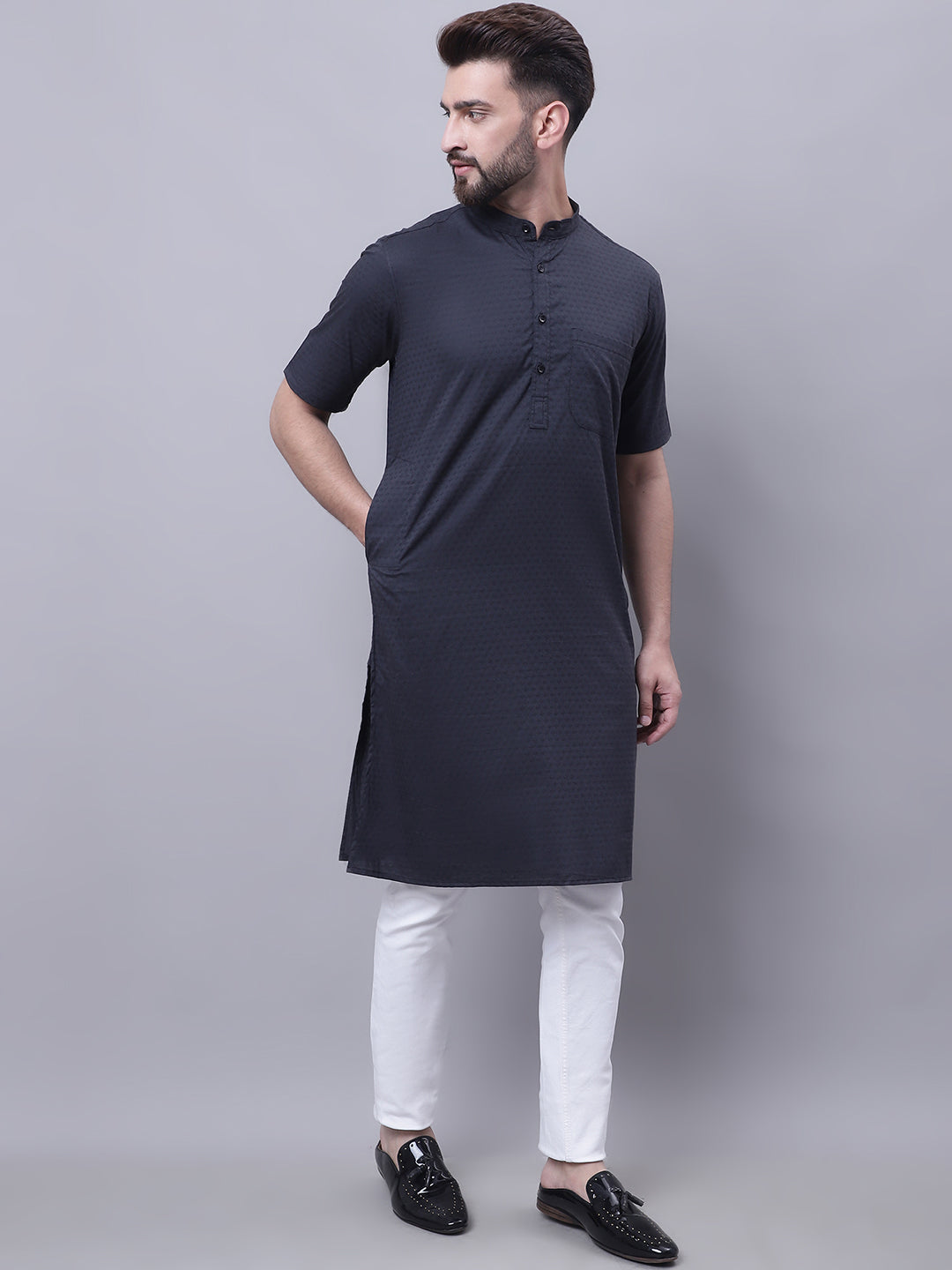 Even Apparels Black Pure Cotton Short Sleeves Kurta With Band Collar | Grab2Buy