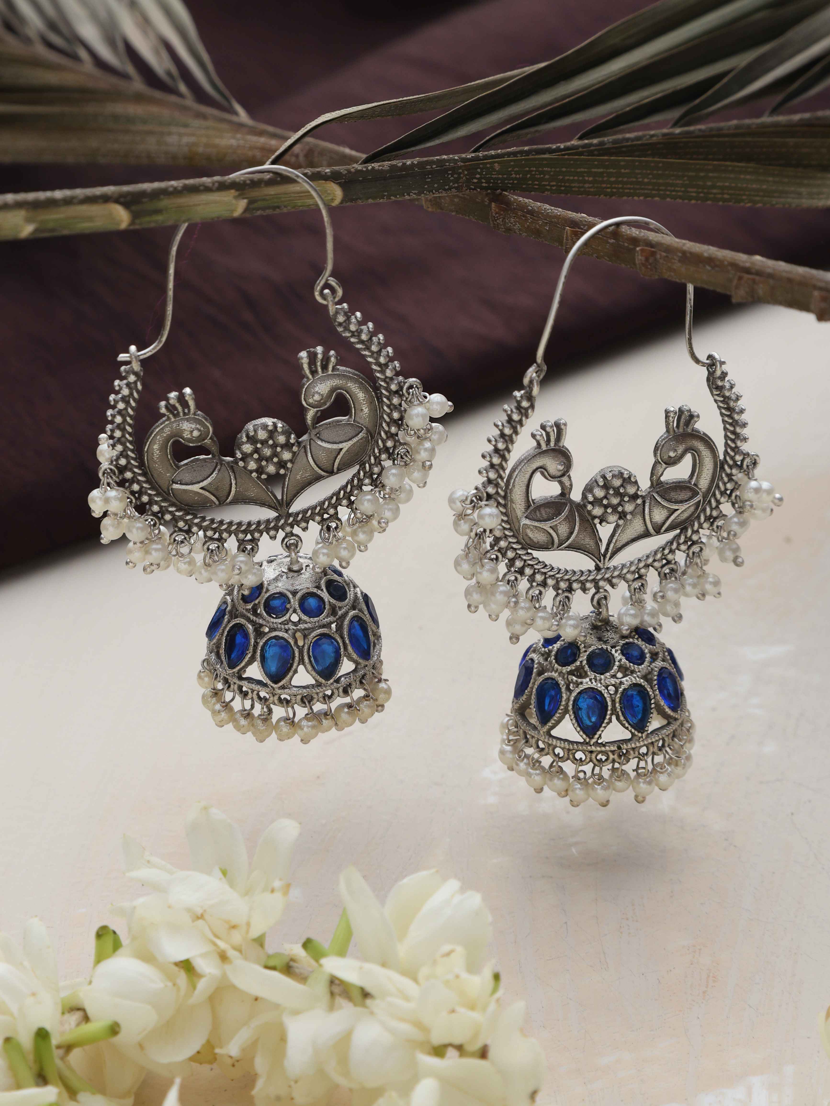 trueBrowns Silver Tone Peacock Jhumka Earrings | Grab2Buy