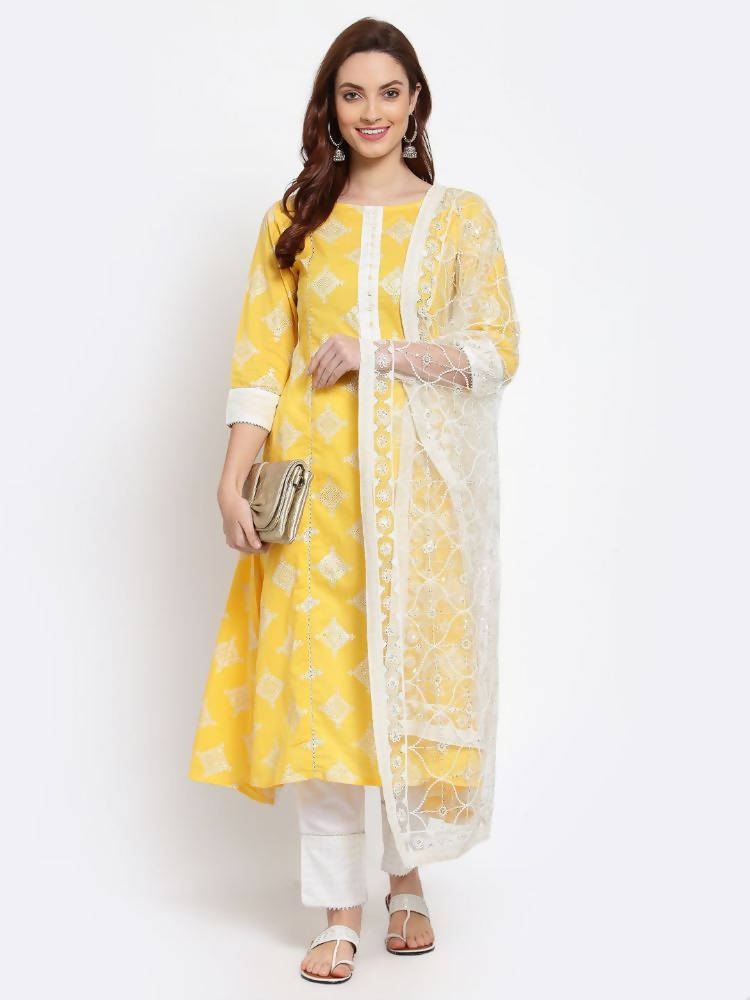 Myshka Women's Yellow Printed Cotton 3/4 Sleeve Round Neck Casual Kurta Pant Dupatta Set | Grab2Buy