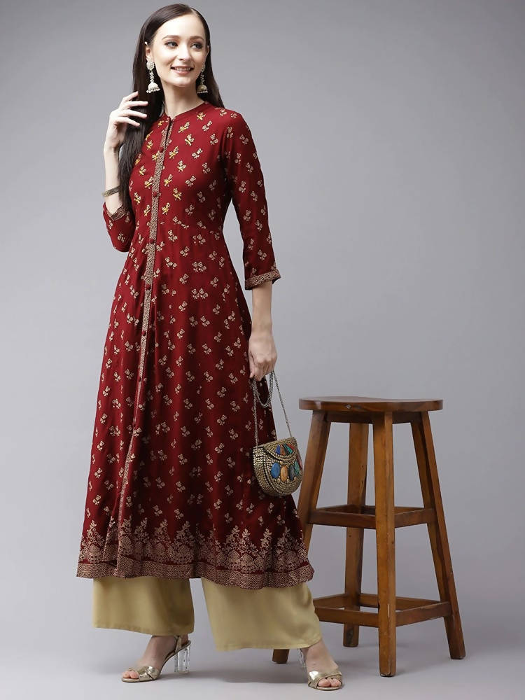 Yufta Women Maroon & Gold Floral Printed Kurta | Grab2Buy