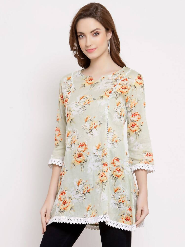 Myshka Women's Off White Cotton 3/4 Sleeve Round Neck Printed Casual Tunic | Grab2Buy