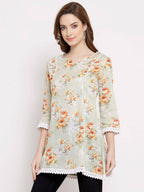 Myshka Women's Off White Cotton 3/4 Sleeve Round Neck Printed Casual Tunic | Grab2Buy