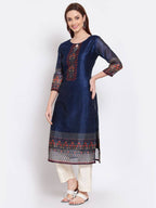 Myshka Women's Navy Blue Printed Chanderi Silk 3/4 Sleeve Round Neck Casual Kurta | Grab2Buy