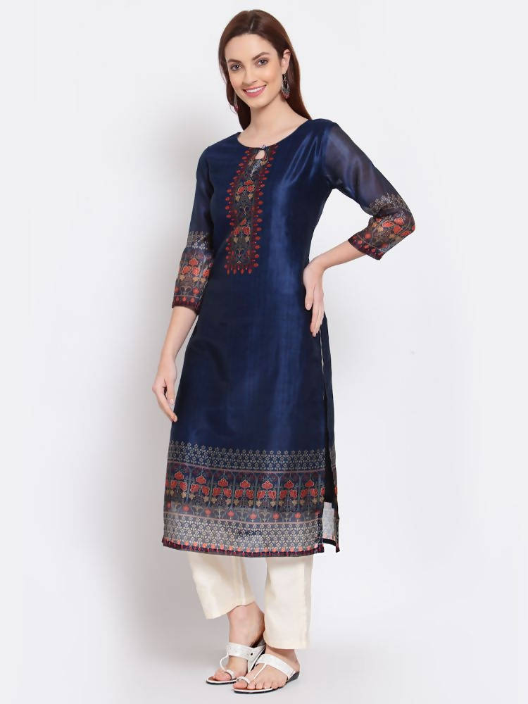 Myshka Women's Navy Blue Printed Chanderi Silk 3/4 Sleeve Round Neck Casual Kurta | Grab2Buy