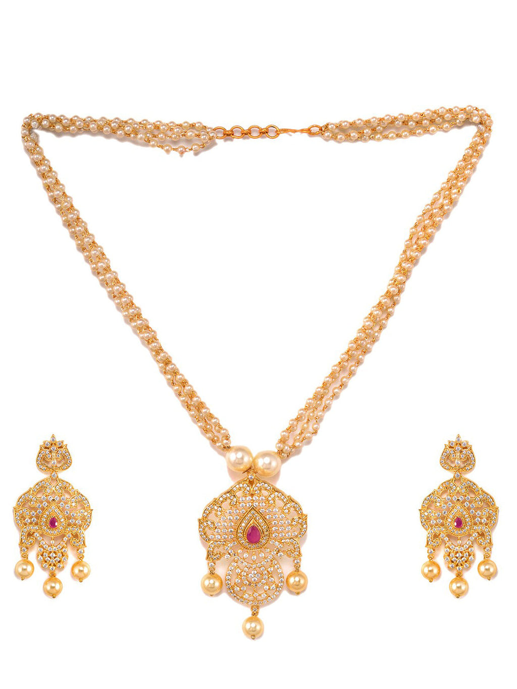 Saraf RS Jewellery Gold-Polished White & Magenta American Diamond Studded Jewellery Set | Grab2Buy