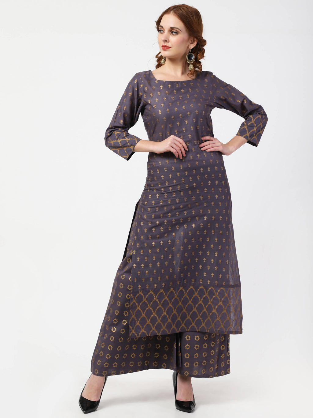Cheera Printed Gray Kurta Palazzo Set (CH103KP) | Grab2Buy