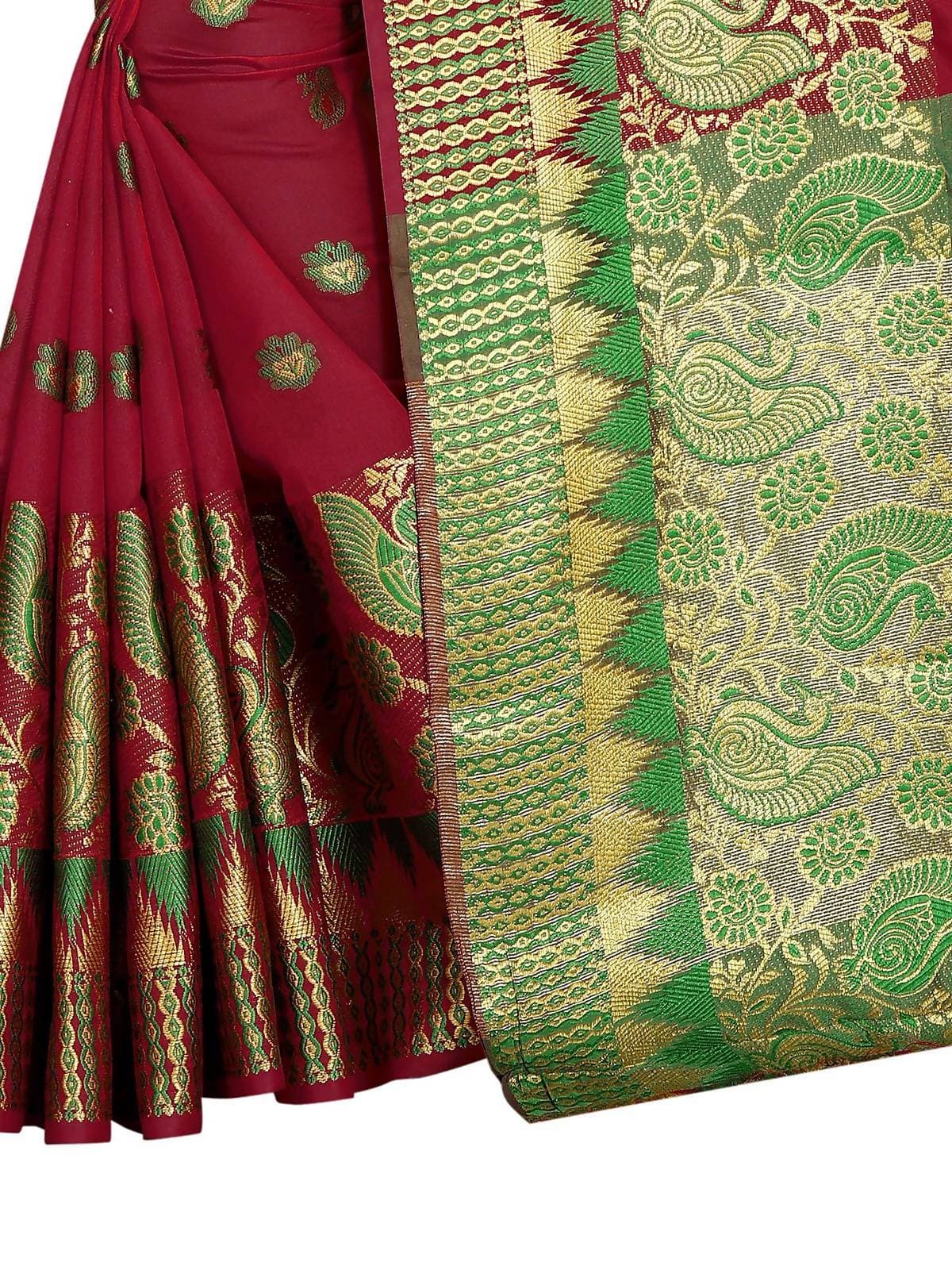 Vamika Banarasi Jaquard Red Weaving Saree With Green Blouse | Grab2Buy