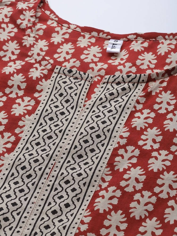 Yufta Women Rust Red and Beige Print Pure Cotton Kurta with Trouser and Dupatta | Grab2Buy
