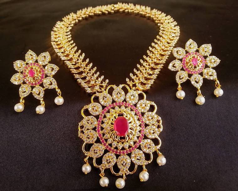 AD Ruby Bridal Traditional Necklace Set | Grab2Buy