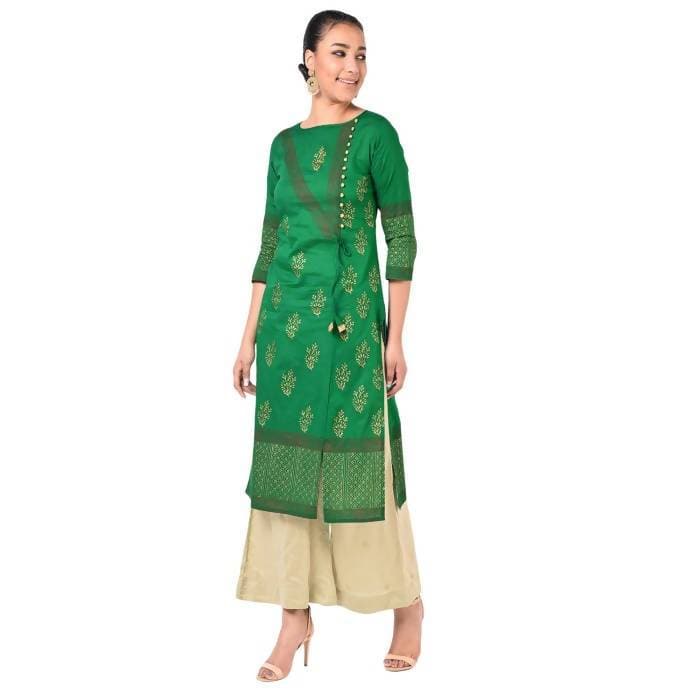 Aniyah Cotton Gold Print Straight Kurta In Green Color (AN-169K) | Grab2Buy