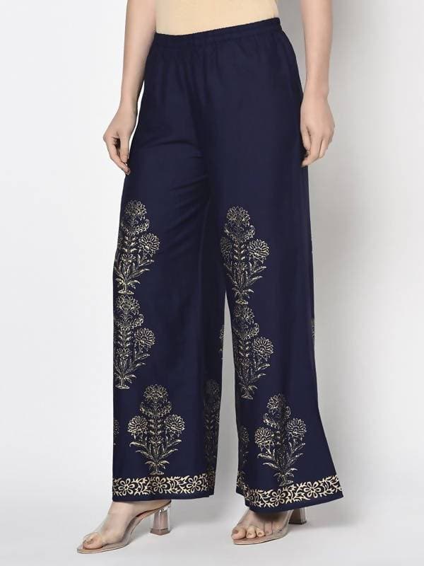 Aniyah Rayon Navy Blue Color Gold Print Flared Slip-On Palazzo (AN-193K) | Grab2Buy