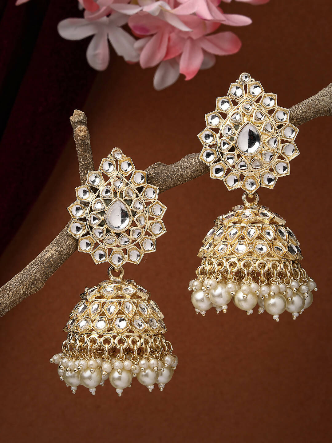 NVR Women Gold-Polished Handcrafted Kundan Jhumka Earrings | Grab2Buy