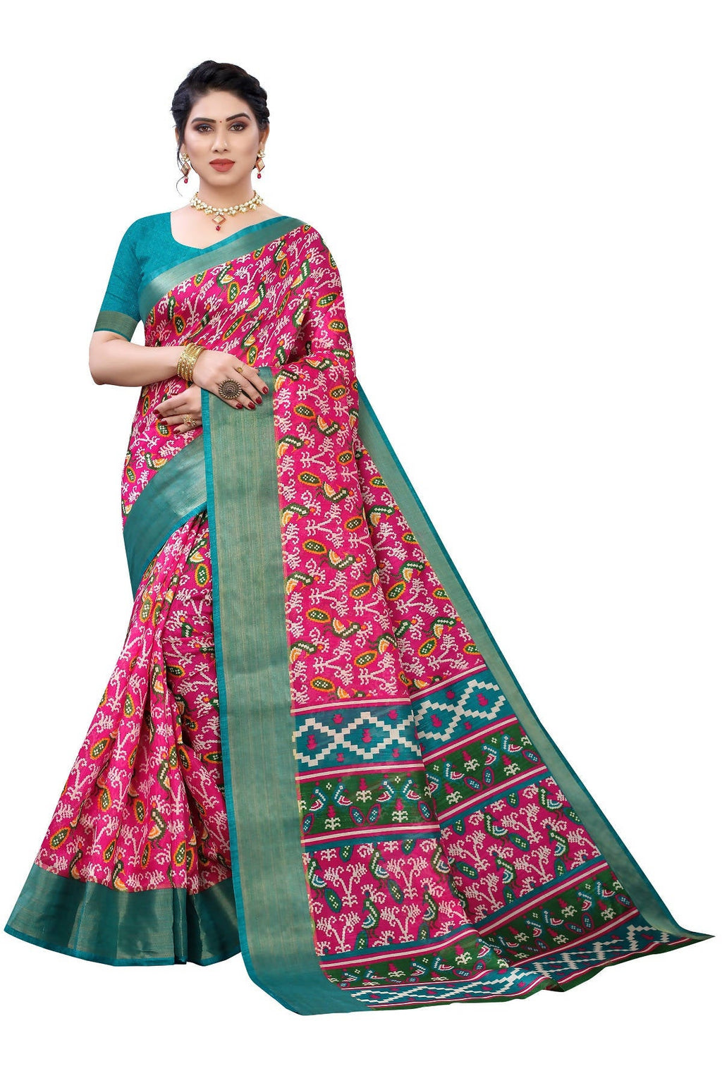 Vamika Pink & Green Linen Jari Border Saree (JANKI PINK) | Grab2Buy